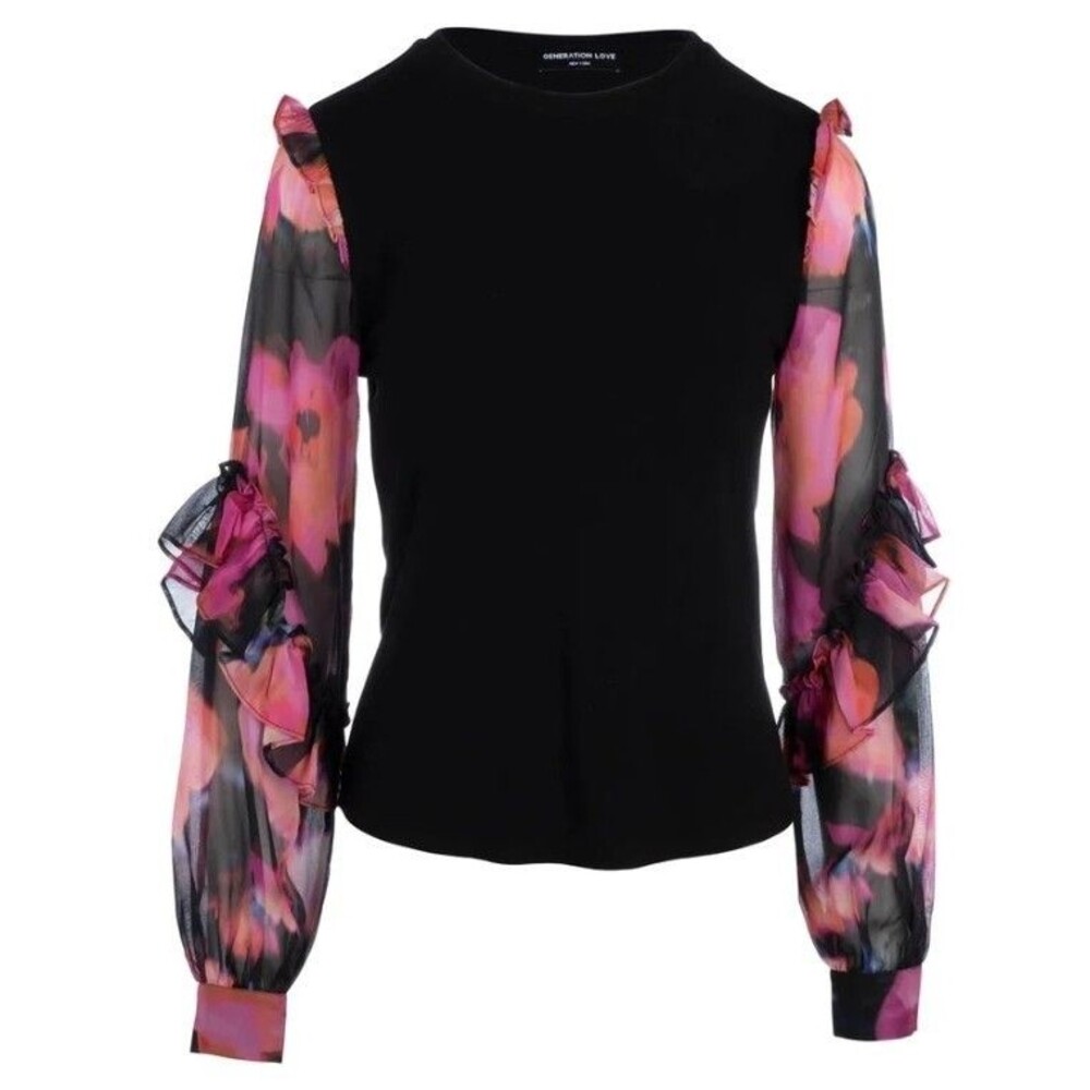 NWT Generation Love Joni Top Blurry Floral Silk Sleeve Blouse Black Small Ruffle
